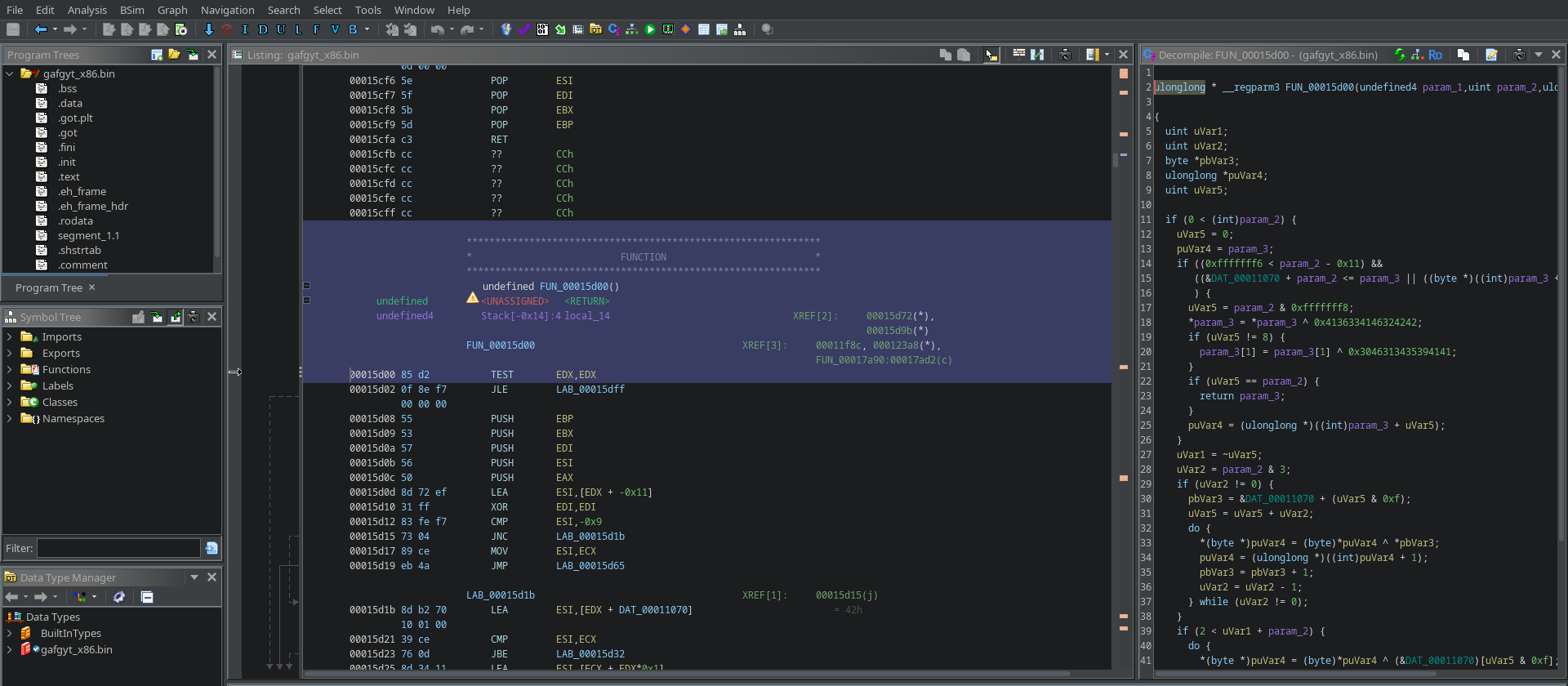 Ghidra showing XorDDoS's decryption routine: x86 assembly on the left, reconstructed C code on the right
