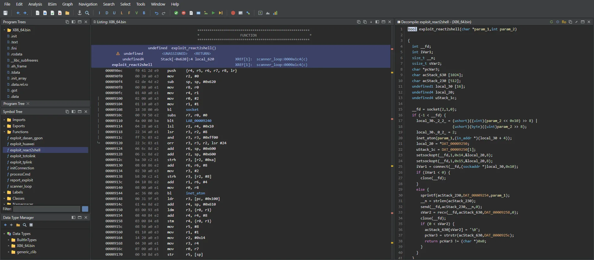 Ghidra showing exploit_react2shell: on the left the ARM assembly with calls resolved to socket and inet_aton, on the right the reconstructed C code, which only sends a request and looks for a string in the response